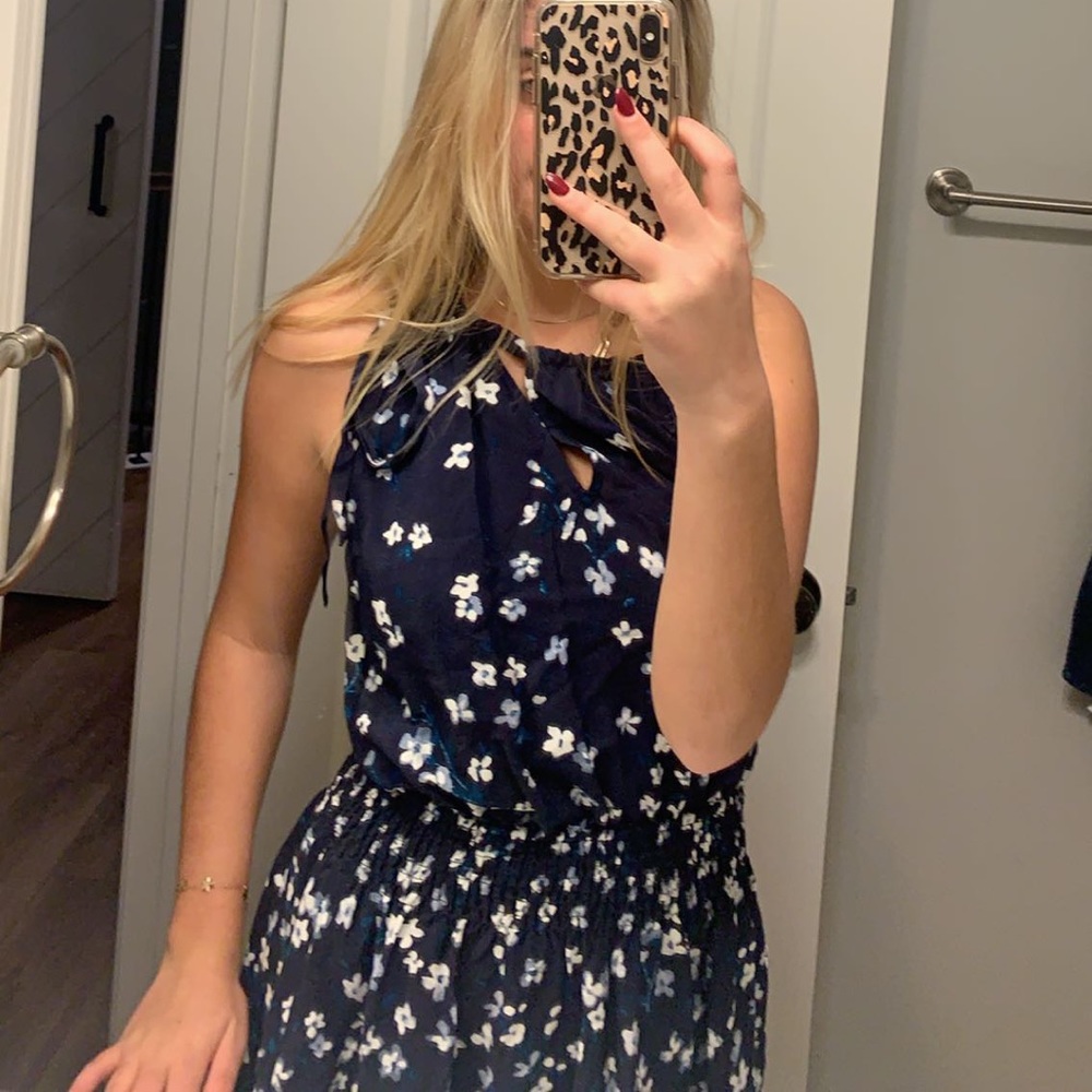 Blue floral print halter mid length flowy dress